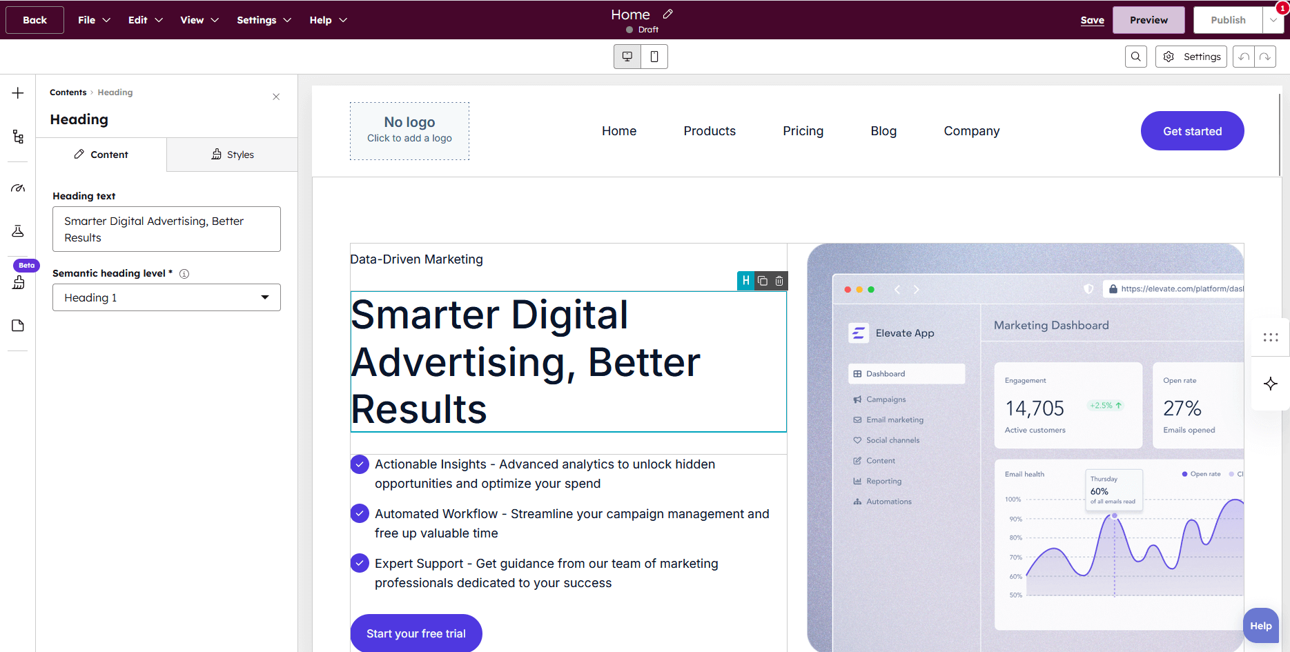 Интерфейс редактирования страниц конструктора HubSpot CMS 
