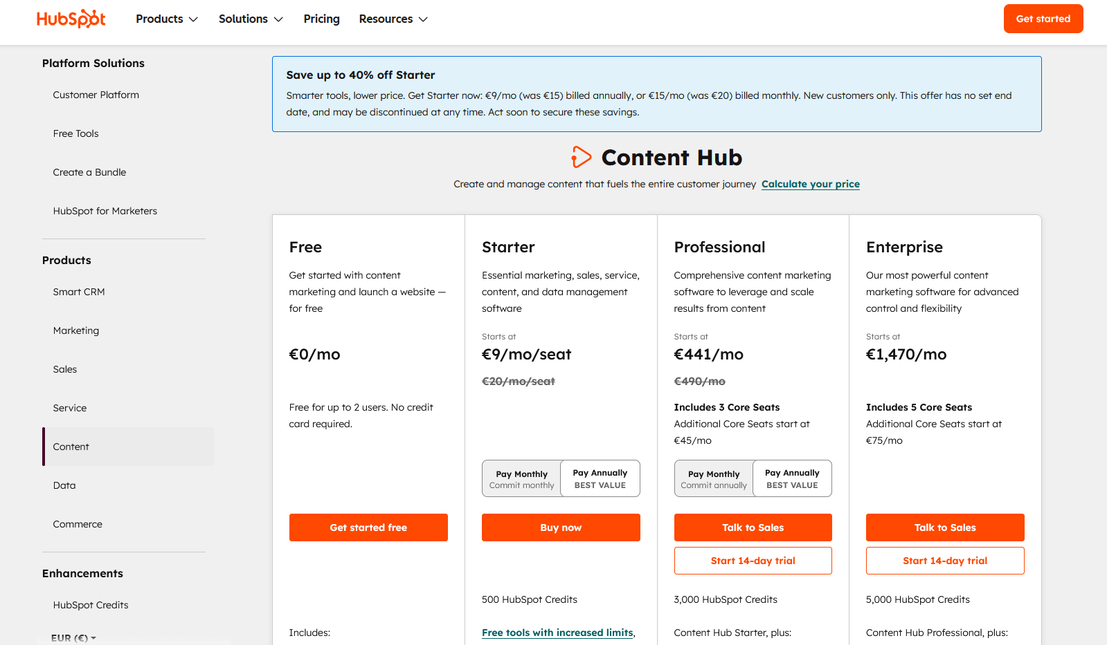 Тарифы конструктора HubSpot CMS 