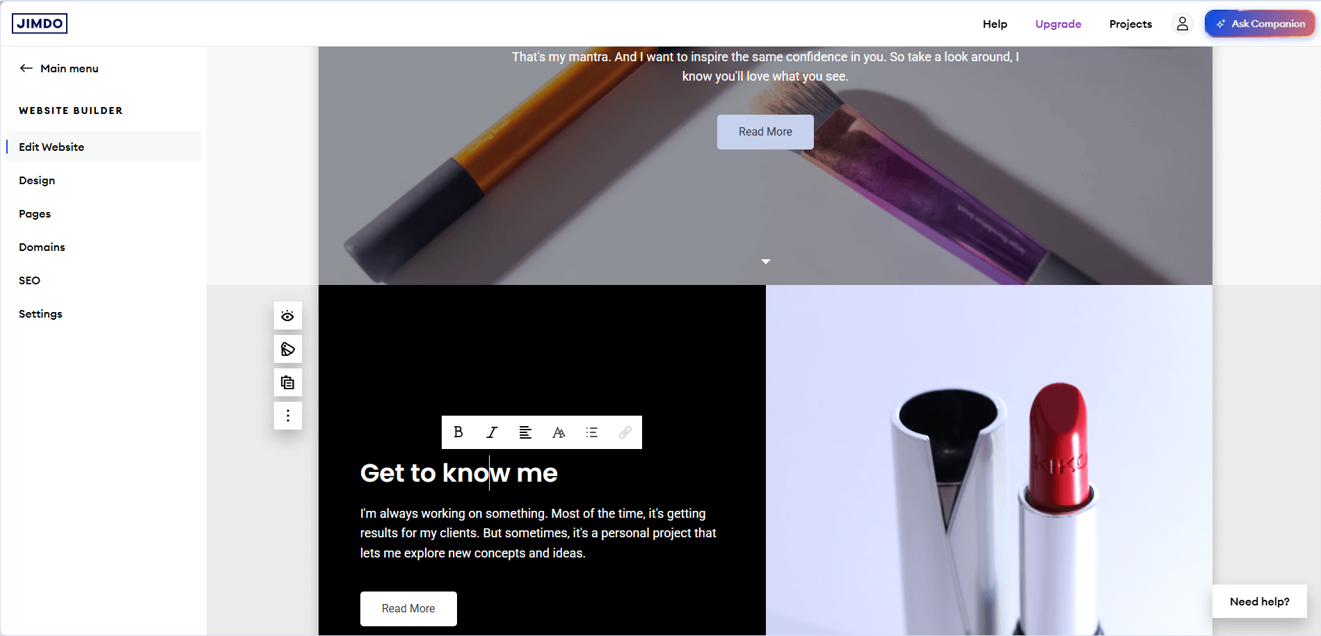 Интерфейс редактирования страниц конструктора Jimdo 