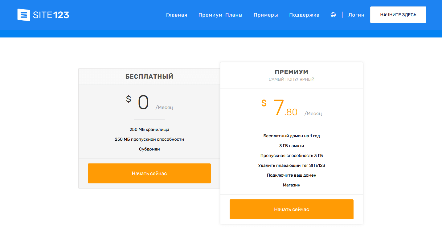 Тарифы конструктора SITE123 