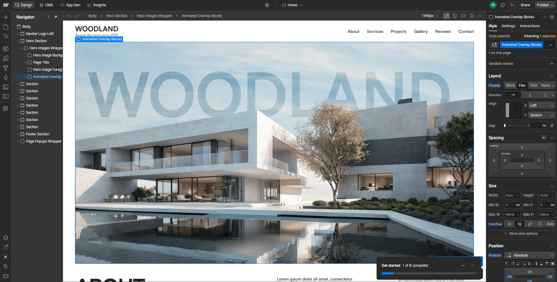 Интерфейс редактирования страниц конструктора Webflow 