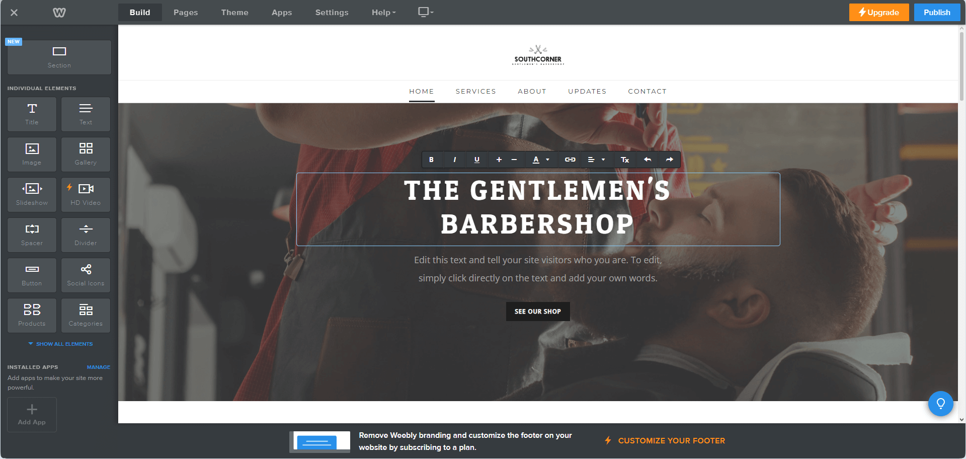 Интерфейс редактирования страниц конструктора Weebly 