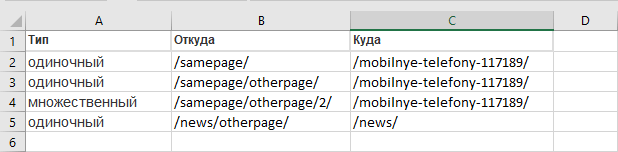 Сформируйте XLSX- или CSV-файл (в кодировке UTF-8) с адресами страниц для редиректов, по шаблону