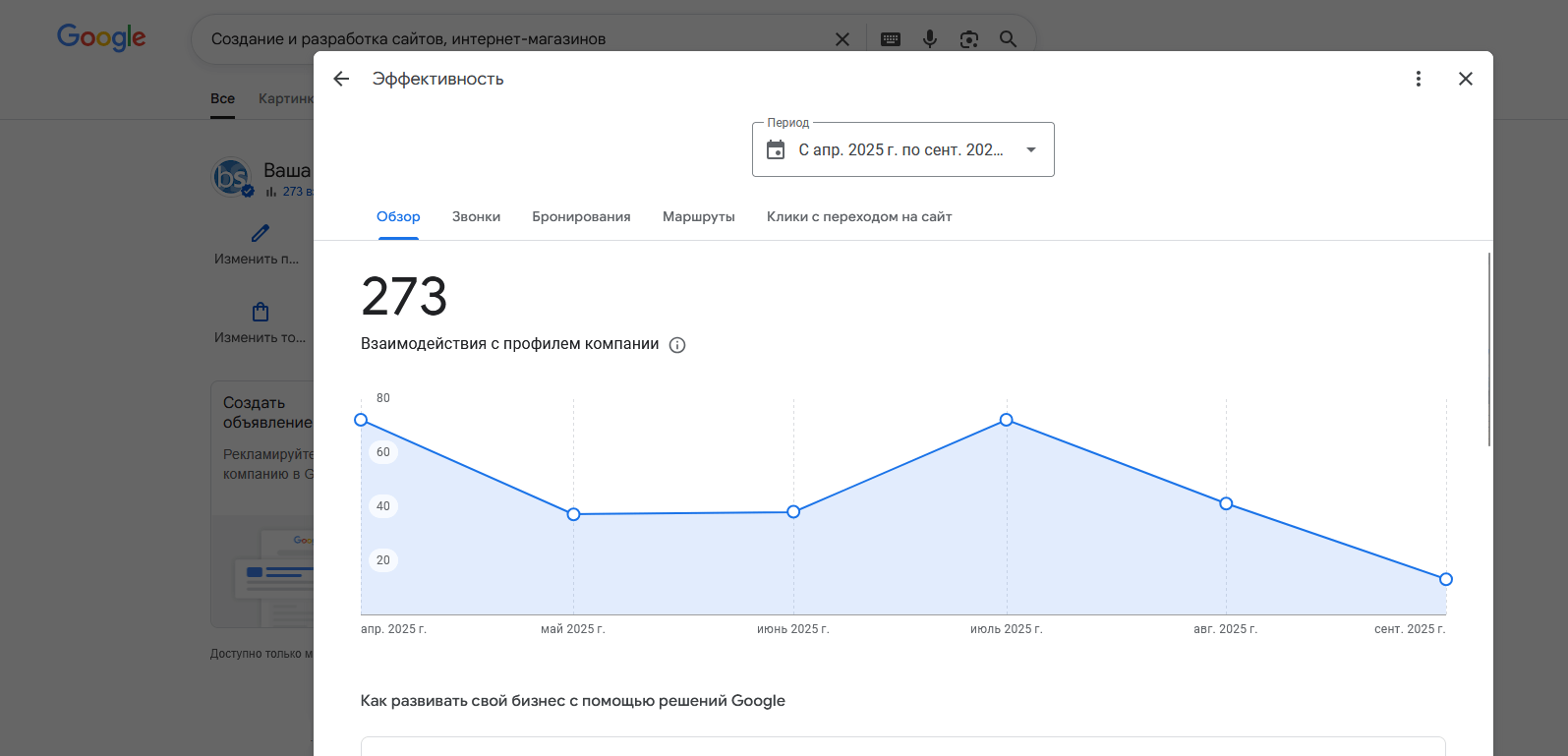 Пример статистики для карточки компании в Google Business Profile