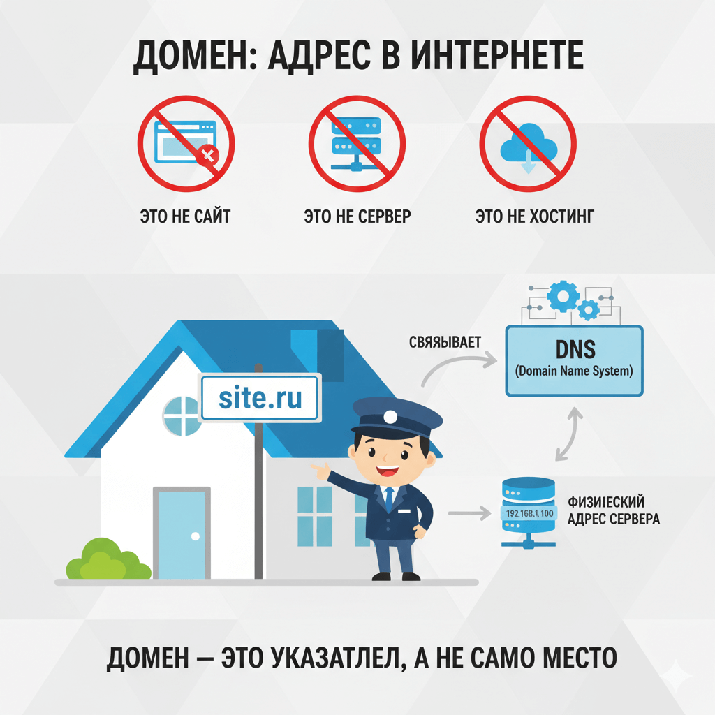 Домен &mdash; это адрес сайта в интернете. Он не является ни сайтом, ни сервером, ни хостингом