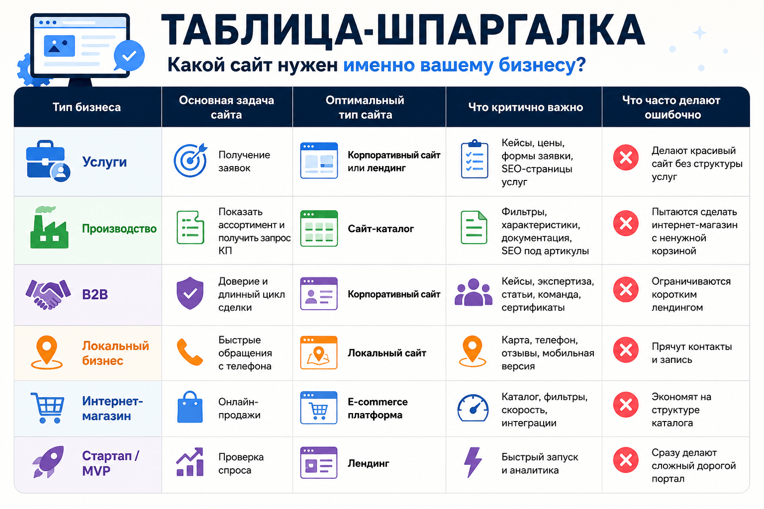 Таблица-шпаргалка. Какой сайт нужен именно вашему бизнесу?