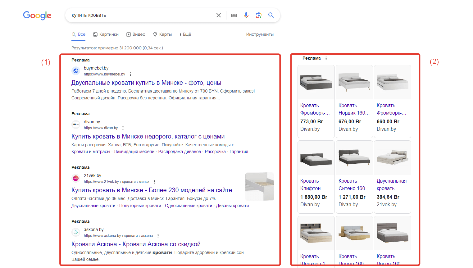 Примеры рекламы в результатах поиска Google: (1) контекстная реклама, (2) Google Shopping