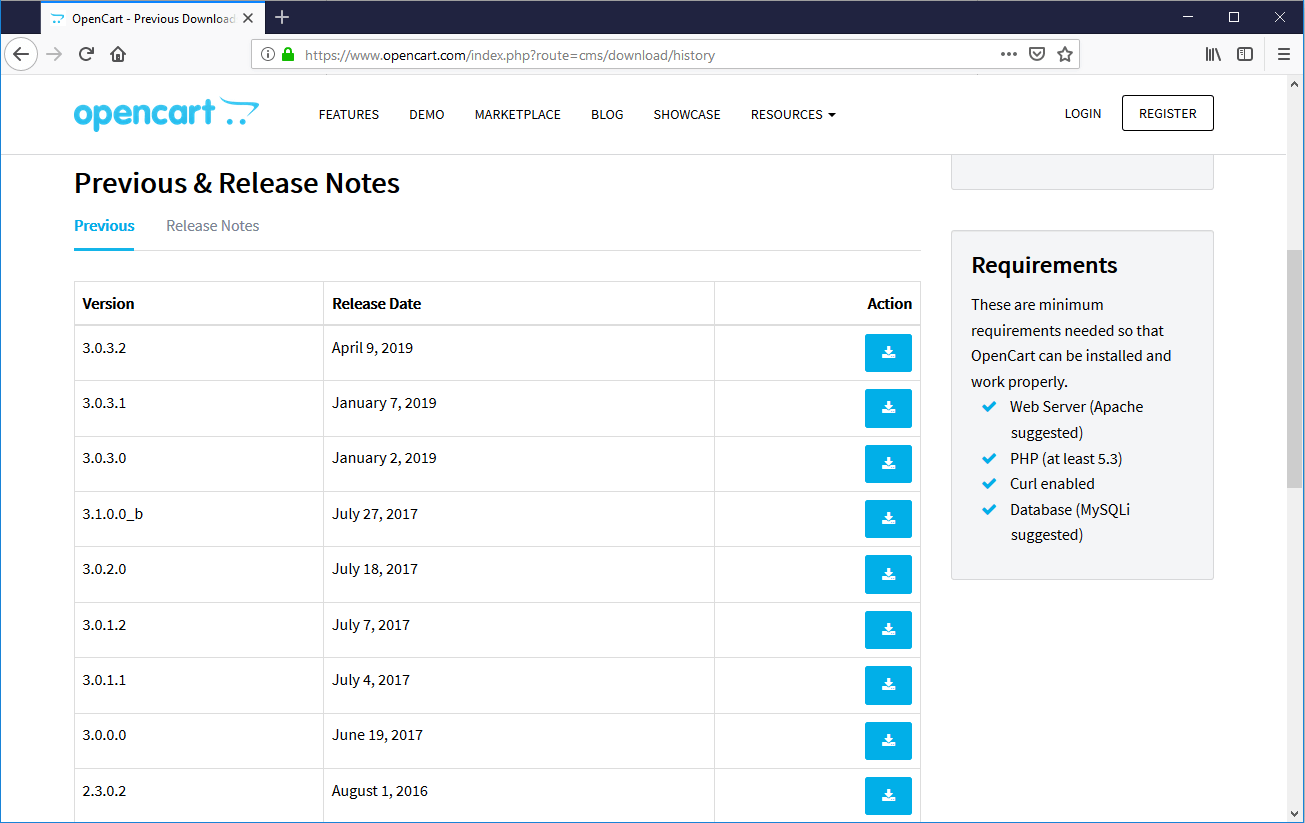 Выбор версии CMS на официальном сайте OpenCart для скачивания