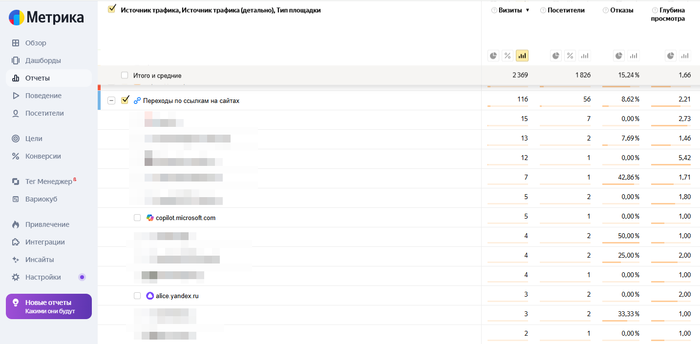 Статистика о переходах на сайт из Generative Engine в системе веб-аналитики Яндекс Метрика