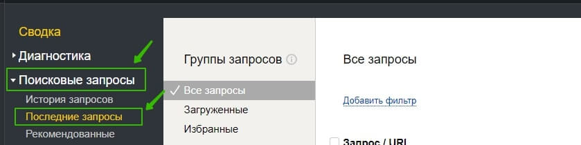 Яндекс. Вебмастер – Последние запросы