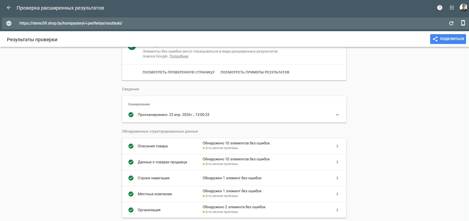 Результаты проверки микроразметки типового шаблона сайта конструктора beseller 