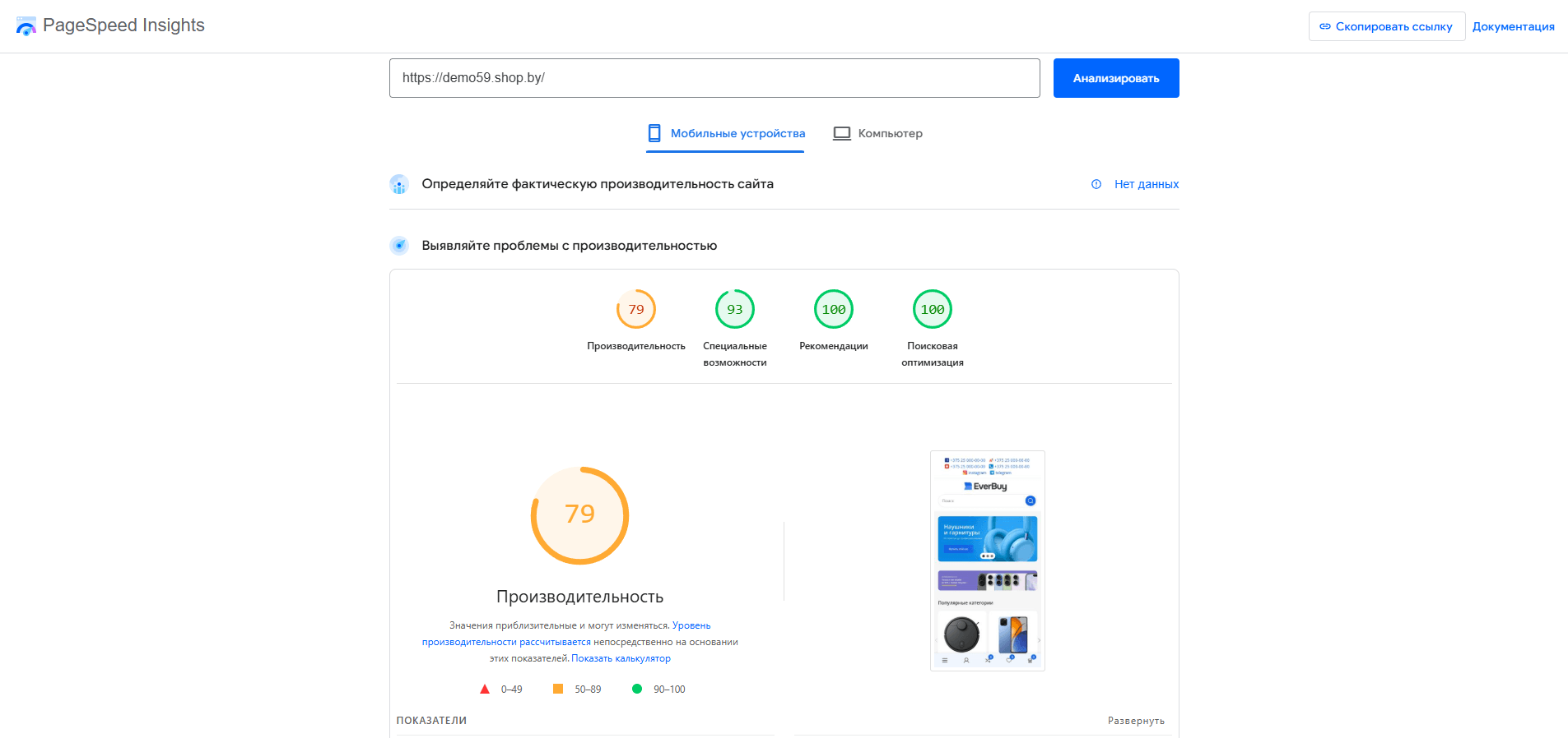 Результаты проверки скорости загрузки типового шаблона сайта конструктора beseller в PageSpeed Insights
