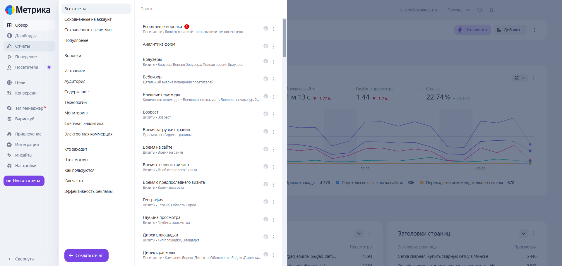 В Яндекс Метрике пользователям доступно большое количество готовых стандартных отчетов, сгруппированных по логике анализа