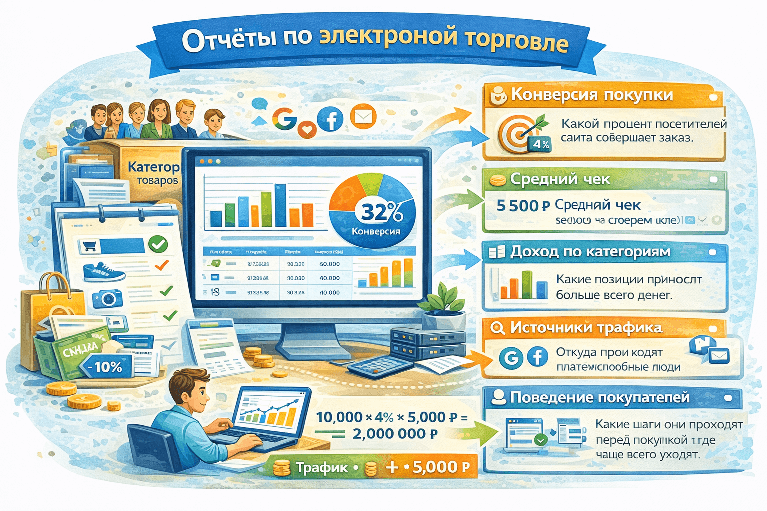 Отчёты по электронной торговле собирают информацию о действиях пользователей, связанных с покупкой: просмотры товаров, добавления в корзину, начало оформления заказа, успешные покупки, возвраты, скидки, промокоды и средний чек