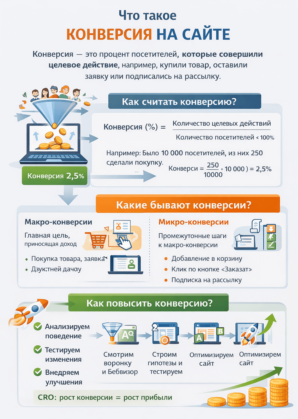 Конверсия на сайте показывает, насколько эффективно ваш ресурс превращает посетителей в клиентов или заинтересованных пользователей