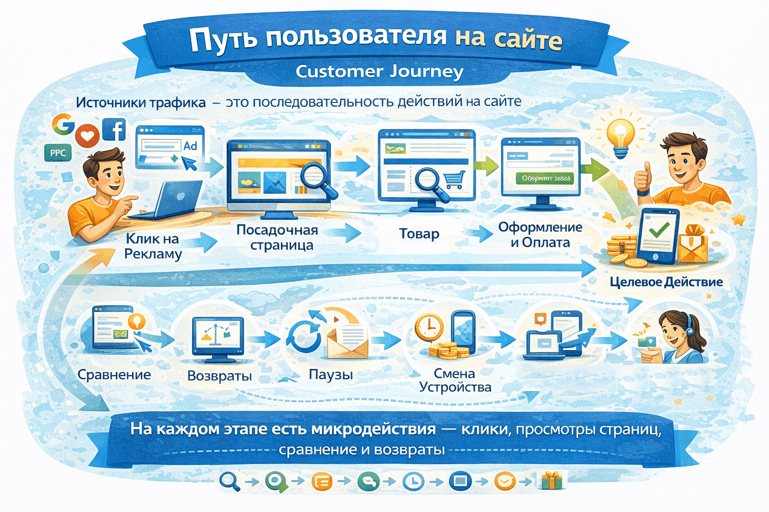 Путь пользователя (Customer Journey) &mdash; это последовательность действий человека на сайте от первого касания до целевого результата и последующих возвратов