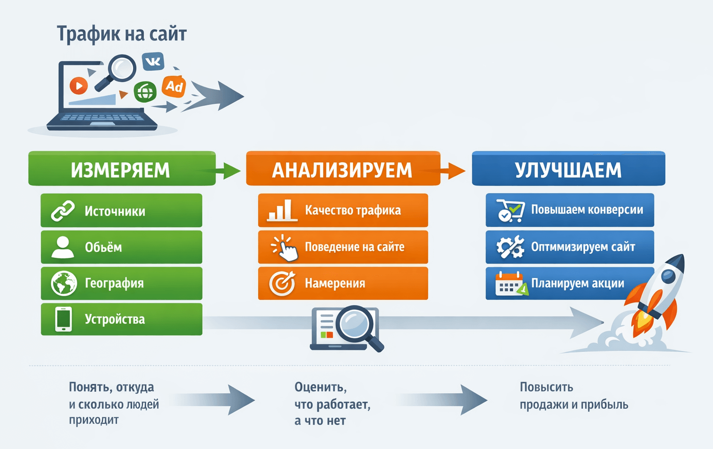 Трафик сайта &mdash; это количество посещений за определенный период. Для его оценки используют основные метрики веб-аналитики: уникальные пользователи, сессии и просмотры страниц