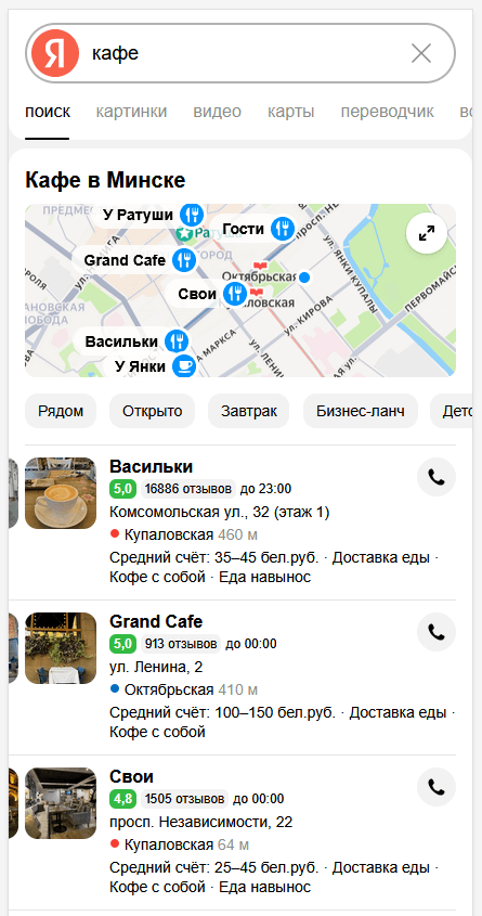 Примеры выдачи компаний из Яндекс Бизнес в мобильном поиске Яндекса